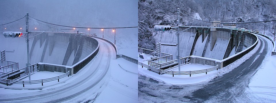 ダム天端の状況（左1/22夕方、右1/23朝）