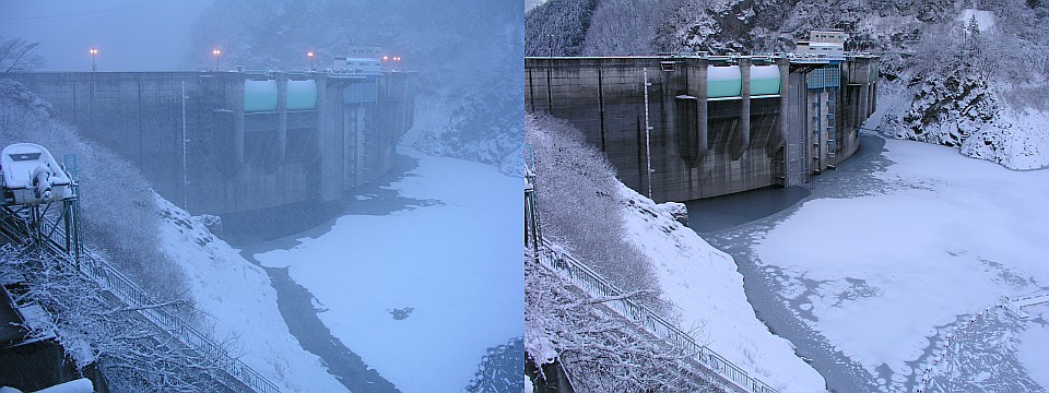 ダム湖の状況（左1/22夕方、右1/23朝）