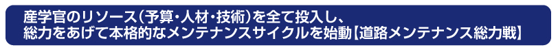 産学官のリソース（予算・人材・技術）を全て投入し、総力をあげて本格的なメンテナンスサイクルを始動【道路メンテナンス総力戦】