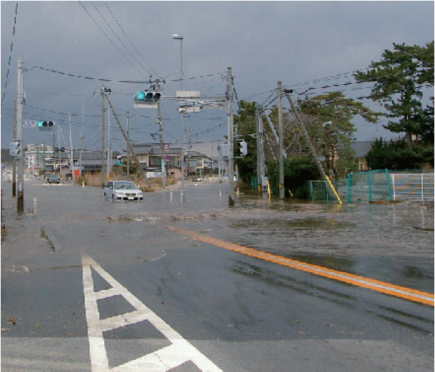 東日本大震災時の津波浸水状況（御城前交差点付近）