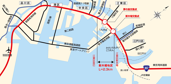 夢の島交差点、新木場交差点付近の地図