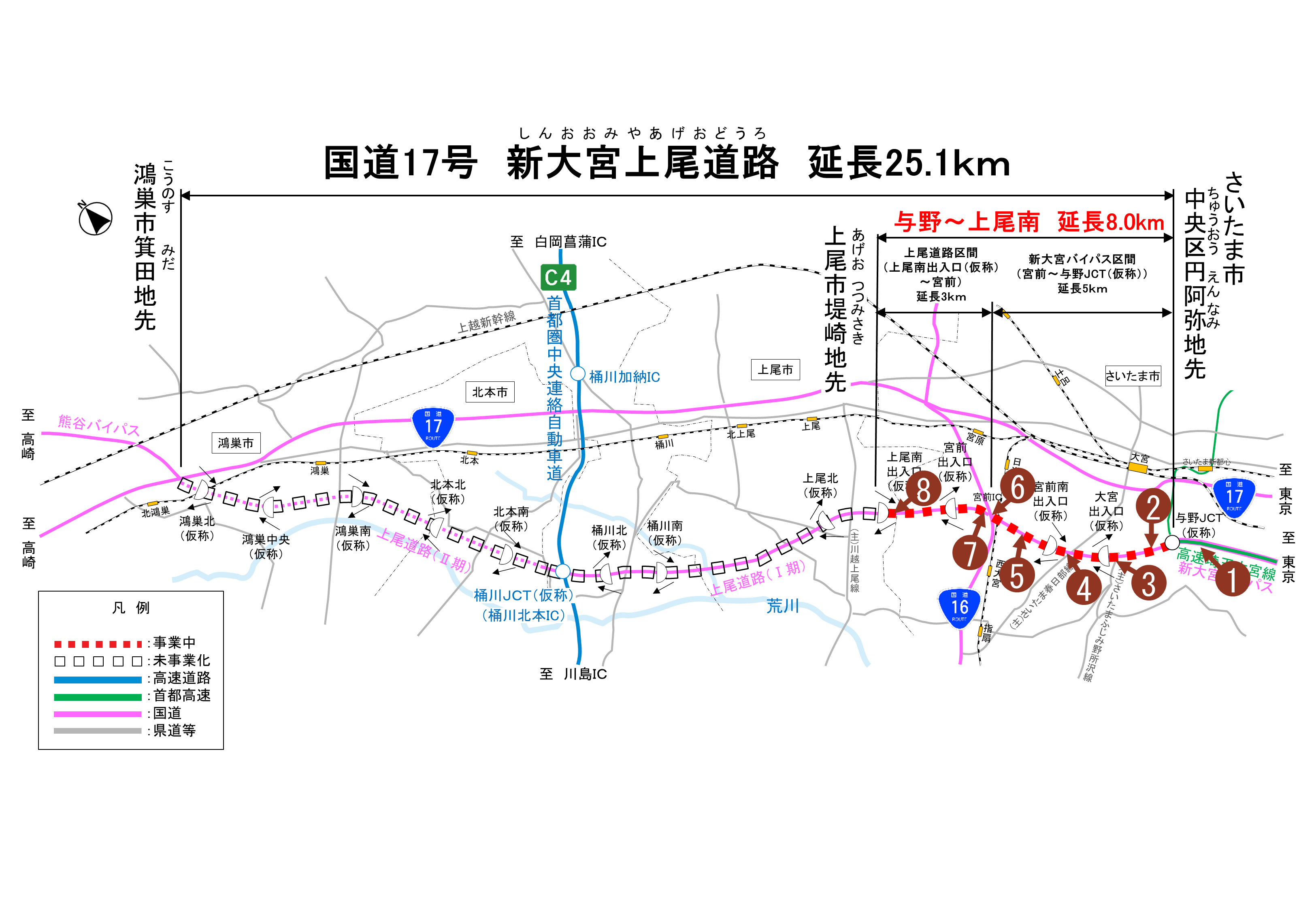 新大宮上尾道路平面図・航空写真撮影位置