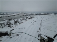 雪化粧した堤防と利根川・渡良瀬川