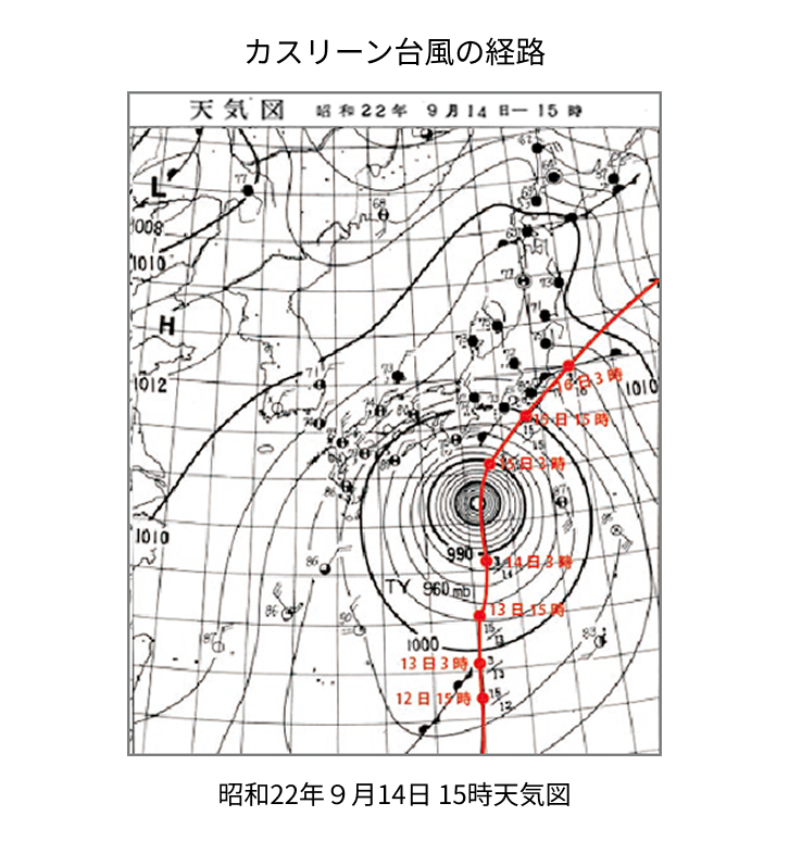 カスリーン台風の経路 昭和22年９月14日 15時天気図