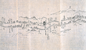 東海道分間絵図 戸塚宿 遠近道印著 菱川師宣筆 横浜市歴史博物館蔵